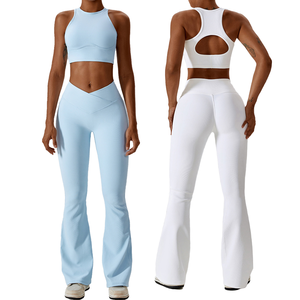 High Waist V Cut Scrunch Butt <b>Flare</b> <b>Leggings</b> Racerback Tank Top Set Solid Lightweight 2-Piece Sports Gym Fitness for Women - Product Image 1