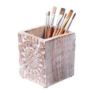 Porte-crayons artisanal en bois de manguier - Organisateur de bureau sculpté de style scandinave - Vente en gros - Product Image 2
