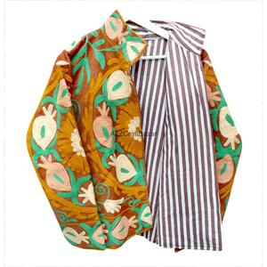 Elegant Beautiful Floral Embroidered Stripe Mandarin Collar Cotrise <b>Jacket</b> Women's Autumn Winter Wear Full Sleeve Knitted Cotton - Product Image 3