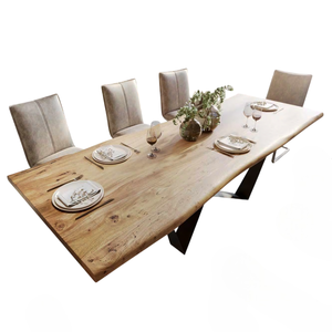 Table de salle à manger en bois d'acacia massif à bord naturel, motif grainé riche, style industriel, avec pieds en métal noir et finition naturelle, pour cuisine et restaurant - Product Image 2