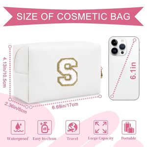 Personalized A-Z Initial Preppy Patch Makeup <b>Bag</b> Cute <b>White</b> PU Chenille Travel Cosmetic Pouch Zipper <b>Small</b> Personalized Case - Product Image 2
