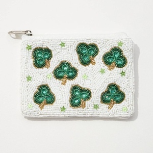 Handmade Shamrock Beaded Coin <b>Purse</b> White & <b>Green</b> St. Patrick Day Zipper Pouch for Women and Girls Festival Celebrations <b>Purse</b> - Product Image 1
