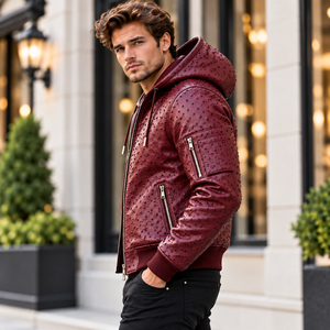 Men’s Burgundy Ostrich Leather Hooded Bomber <b>Jacket</b> – Premium Leather <b>Zip</b>-<b>Up</b> <b>Jacket</b> with Ribbed Cuffs and Multiple Pockets - Product Image 3