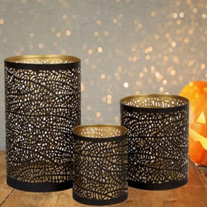 <b>Set</b> of 2 black metal <b>lanterns</b> with hearts design Golden finish inside Large Metal Handle Votive Holders - Product Image 3