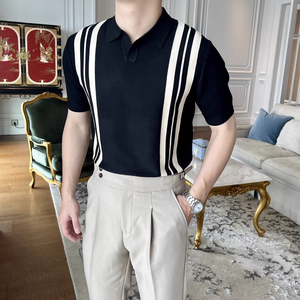 Polo en tricot rayé noir pour homme, manches courtes, style décontracté chic, en coton - Product Image 1