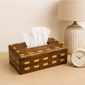 Handcrafted Rosewood Tissue <b>Box</b> Holder With Intricate Brass Inlay Work And Chequered Design For Luxury Home Hotel & Office Decor - Product Image 6