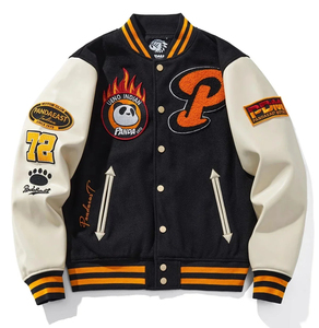 <b>Black</b> White Stripe Varsity Jacket PU Wool Letterman Jacket Panda 72 Embroidery High Street Streetwear - Product Image 2