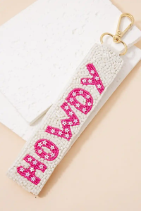 Porte-clés artisanal en perles de verre géométriques de qualité supérieure, avec mousqueton métallique léger et support textile brodé - Product Image 5