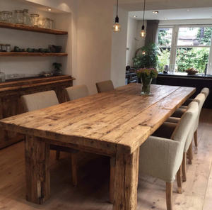 Mesa de comedor y barra de altura ajustable con manivela, de madera maciza de acacia industrial con acabado en nogal y borde natural, estilo rústico. - Product Image 5