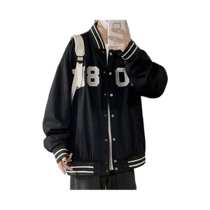 Veste universitaire unisexe noire avec imprimé lettres, col rabattu, manches classiques, polyester, vêtement décontracté pour l'automne - Product Image 1