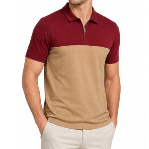 เสื้อโปโลผู้ชาย คอซิป แขนสั้น ทรงลำลอง สีทูโทน สีมารูนเบจ - Product Image 1