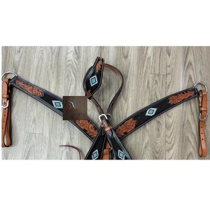 Western <b>Black</b> & Tan Leather Horse Headstall and Breast Collar Set Hand Tooled Floral Turquoise Inlay Tack - Product Image 2