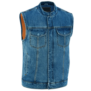 Gilet en jean bleu vintage sans manches pour homme, col montant, double poche poitrine, veste en jean délavée, logo personnalisé, streetwear, gilet en jean OEM - Product Image 3