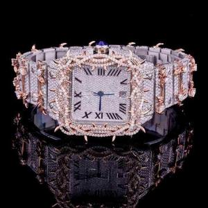 Montre de luxe unisexe en acier inoxydable plaqué or rose, avec mouvement à quartz analogique ETA, incrustée de moissanite, étanche 10 bars et date automatique - Product Image 1