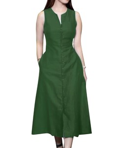 Robe midi droite décontractée sans manches, respirante, écologique, en dentelle, boutonnée sur le devant, de couleur verte, pour femmes - Product Image 5