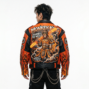 Blouson en cuir orange personnalisé pour homme, motif graphique Sun Wukong, veste de moto, streetwear Roi Singe, vente en gros - Product Image 1