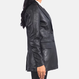 Blazer en cuir véritable pour femme, double boutonnage, manches longues, col ouvert, couleur unie, longueur normale, automne - Product Image 3