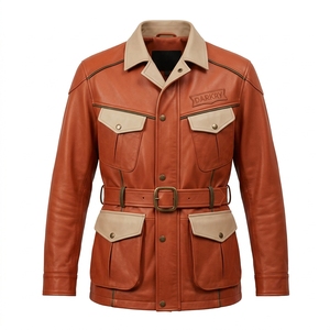Men Vintage Cognac <b>Safari</b> Field <b>Jacket</b> Orange Real Leather Belted Coat Beige Contrast Custom Bulk Manufacturer Factory Apparel - Product Image 1