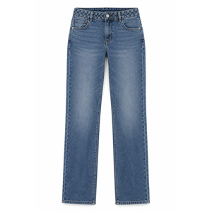 Jean droit en denim tressé taille mi-haute pour femme grande taille - Bleu ardoise délavé foncé XS-6XL - Product Image 1