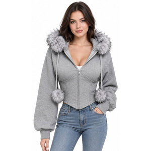 Women's Gray Hooded Zip-Up Sweatshirt With Faux <b>Fur</b> <b>Trim</b> And Pom Poms Short Length Knitted Casual <b>Top</b> - Product Image 5