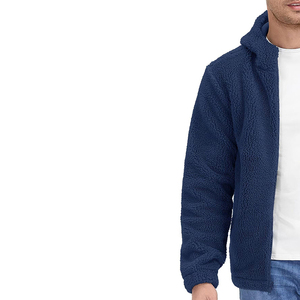 Men's Navy <b>Fleece</b> <b>Jacket</b> Stand Collar Zipper Closure Casual Winter Wear Breathable Cotton <b>Lining</b> Regular Fit Front Logo - Product Image 1