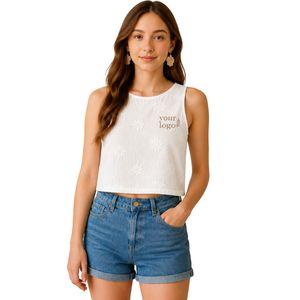 Top Corto Blanco con Bordado Floral para Mujer, Chaleco de Verano sin Mangas de Algodón, Logotipo Personalizado, Moda Casual Urbana - Product Image 1