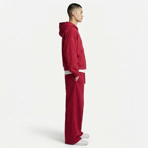 Ensemble de survêtement pour homme de qualité supérieure, rouge, à capuche, en coton, coupe ample, avec fermeture éclair et poches latérales - Product Image 5