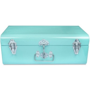 Vintage Aqua Blue Metal Trunk <b>Storage</b> Box Heavy-Duty Silver Toggle Latch Keepsake <b>Chest</b> - Product Image 1
