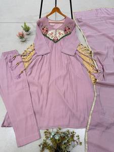 Conjunto de traje Anarkali morado claro bordado de secado rápido hasta el suelo para mujer, mezcla de seda, estilo indio pakistaní, con dupatta para fiesta - Product Image 4
