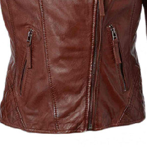 Chaqueta de Motociclista de Cuero Genuino Acolchada Marrón para Mujer, con Cuello Camisero y Cierre de Cremallera - Product Image 4