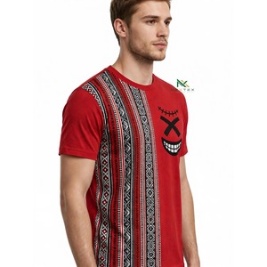 Men Red Cotton T <b>Shirt</b> <b>Black</b> <b>White</b> Geometric <b>Stripe</b> Side Panel Tiki Mask Face Graphic Tee Casual Summer Top Hawaiian Style - Product Image 2