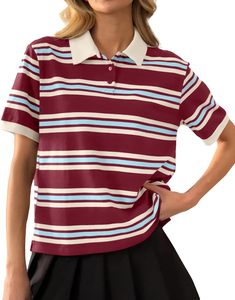 Polo a Rayas de Mujer de Última Tendencia, Manga Corta, Tejido de Punto Casual, Largo Regular, Patrón Liso Teñido, Camisetas Polo ODM - Product Image 6