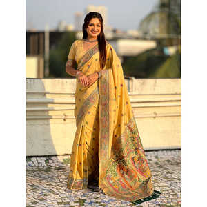 ผ้าไหมบาลูชารีสีเหลืองอ่อนทอมือลายซารีแบบดั้งเดิม คุณภาพพรีเมียม พร้อมงานปักซารีประณีต น้ำหนัก 650 กรัม - Product Image 6