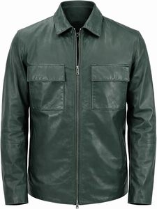 Men's Green Leather <b>Jacket</b> Workwear Style <b>Zipper</b> Closure Turn-down Collar Regular Fit Autumn Wear Solid Color <b>Pockets</b> - Product Image 2