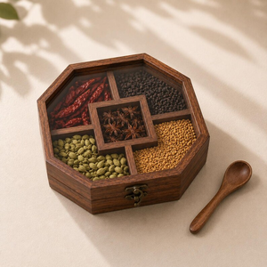 Boîte à épices en bois faite à la main, organisateur de masala indien, boîte à épices à 5 compartiments, boîte de rangement de cuisine - Product Image 1