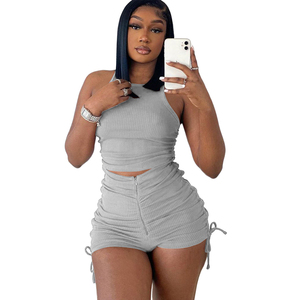 Women's Gray Ribbed 2 Piece <b>Set</b> Halter Top With Zipper Shorts <b>Sexy</b> Club Wear Spring Summer Outfit - Product Image 1