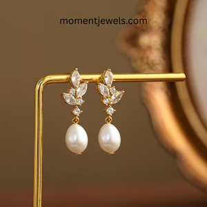 <b>Gold</b> Plated Pearl Drop <b>Earrings</b> Marquise Cut Cubic Zirconia Leaf <b>Dangle</b> <b>Earrings</b> for Wedding Gift - Product Image 2