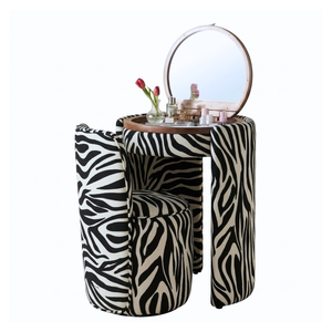 Zebra Print Vanity 2027 Upholstered Vanity Chair & Flip-Top Round Mirror Vanity Set Bedroom Furniture Custom Design - Product Image 1