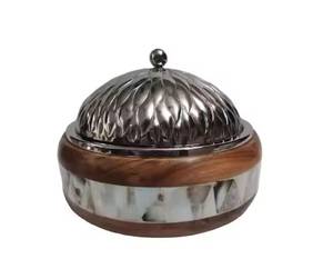 Mother of Pearl Inlay Wooden Base Silver Leaf Domed Lid Casserole <b>Hot</b> Pot <b>Food</b> Warmer Serving Bowl <b>Container</b> - Product Image 3