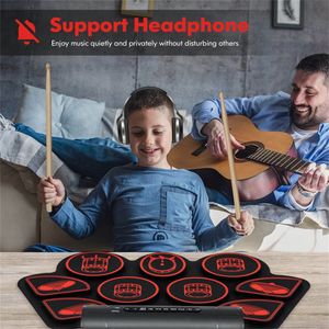 Set di Batteria Elettrica Pieghevole a 9 Pad per Principianti, Connessione MIDI USB, Doppi Altoparlanti Stereo, Nero e Rosso, con Tamburo in Silicone - Product Image 3