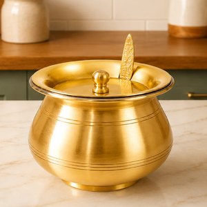 Exquisite hammered brass ghee <b>pot</b> set for ghee or oil storage, it includes a matching spoon. available at wholesale price - Product Image 3