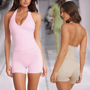 Conjunto deportivo para mujer de color sólido para ballet, pilates y yoga, top deportivo con cuello en V y pantalones cortos de cintura alta elásticos para entrenamiento. - Product Image 4