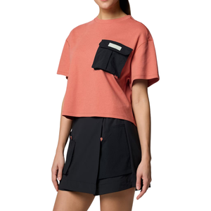 T-shirt utilitaire décontracté pour femme, couleur unie, col rond, manches courtes, coupe ample, rose poudré, haut court en coton - Product Image 1