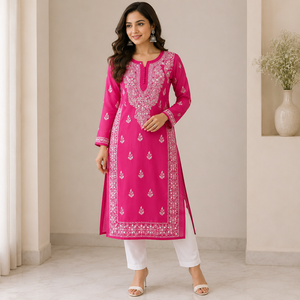 <b>Women</b>’s Pink Floral Embroidered Kurti, Long Sleeve Straight Fit Ethnic Indian <b>Kurta</b>, Traditional Casual & Festive Wear - Product Image 1