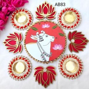 Handmade Eco-Friendly Indian Rangoli <b>Set</b> 4 Lotus <b>Candle</b> Holders Traditional Design for Housewarming Wedding <b>Gift</b> Decoration - Product Image 1