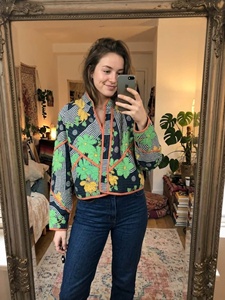 Vintage <b>Kantha</b> Quilt <b>Jacket</b> Handmade Reversible Bohemian Coat Jaif Textiles Rajasthan Origin Horn Buttons Short Sleeves Winter - Product Image 1