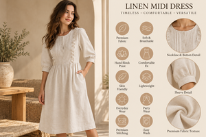 Vestido Vintage para Mujer con Volantes, Botones, Cintura Alta, Manga Abullonada, Cuello en V, Tejido de Algodón, Silueta en A, Transpirable, Casual, Verano, Ocio - Product Image 3