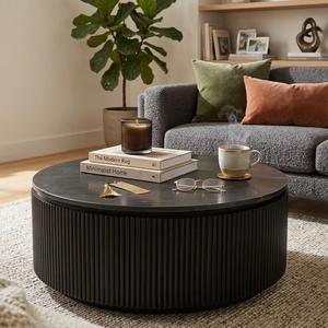 Center <b>Table</b> Wooden <b>Round</b> Cnc Center <b>Table</b> With <b>Black</b> Marble Top <b>Black</b> Wood / <b>Black</b> Marble Mangoa Wood / <b>Black</b> Marble - Product Image 1