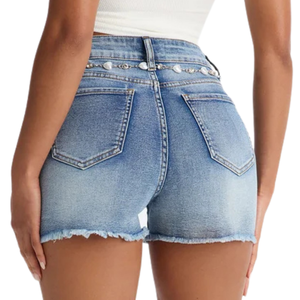 Shorts de mezclilla de alta calidad para mujer, casuales, de tiro medio, de secado rápido, transpirables, azul lavado, con dobladillo deshilachado y detalle de corazón, moda de verano. - Product Image 4