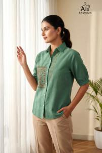 Women <b>Black</b> Cotton Ethnic Shirt With <b>White</b> Embroidery <b>And</b> Short Sleeves Regular Fit Casual Top For All Seasons Women Shirt - Product Image 2